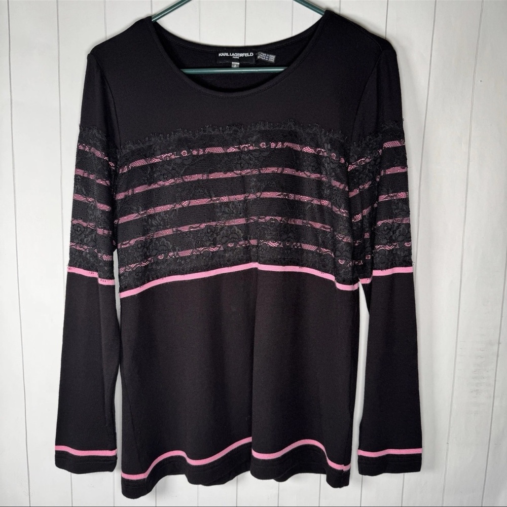 Karl Lagerfeld Paris Women Black Pink Lace Stripe Long Sleeve Top Small L6LHN009